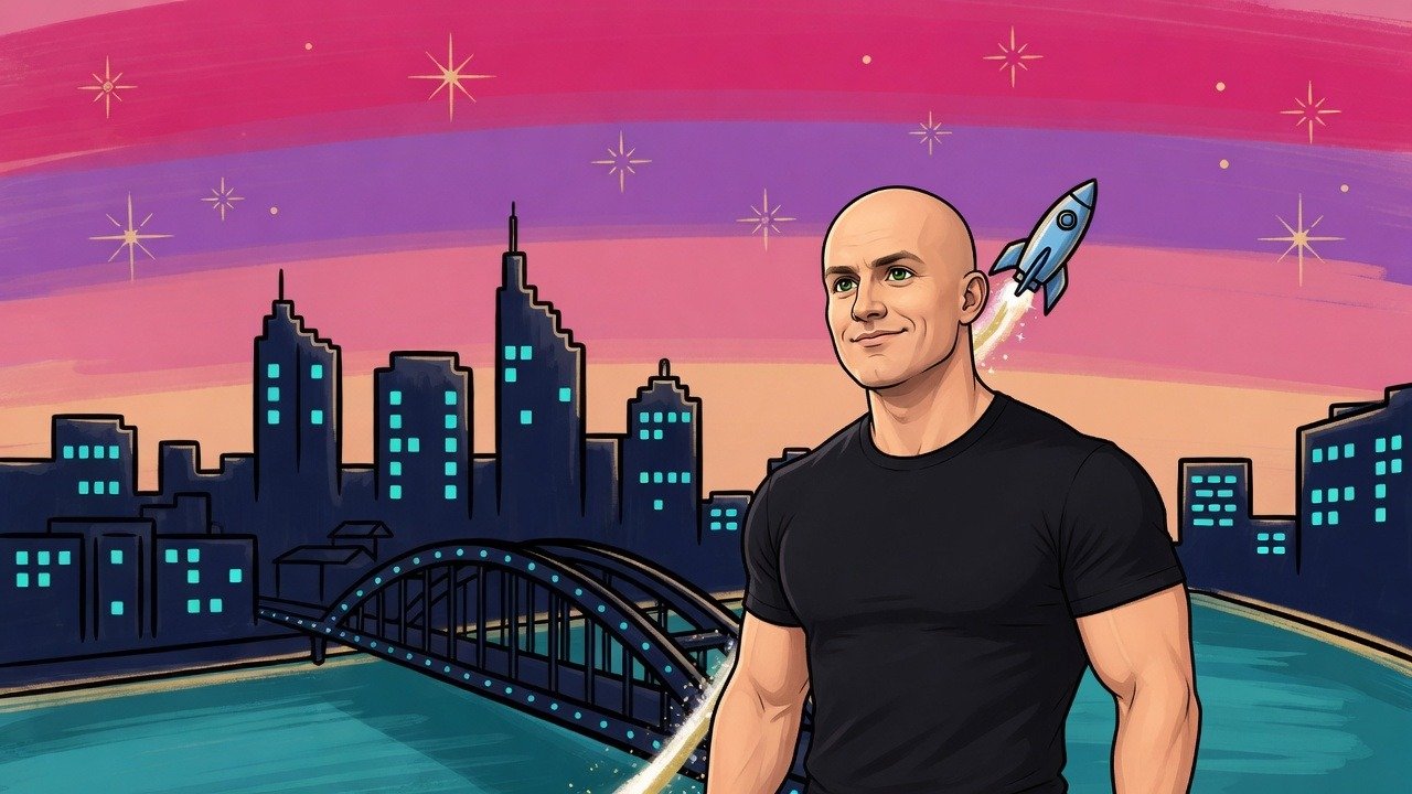 Brian standing in a sunset city with a rocket climbing behind him.