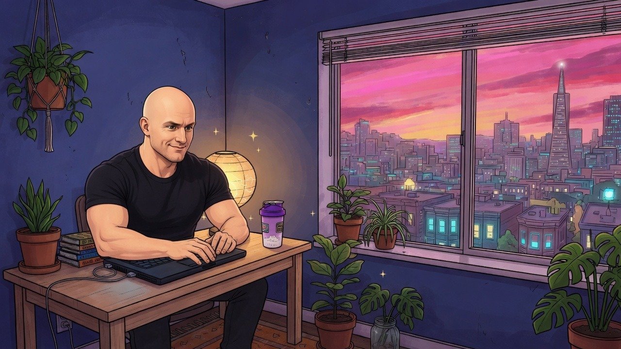 Brian at a laptop in a small 2012 apartment, San Francisco sunset in the window.