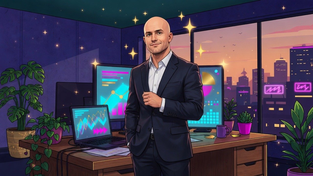 Brian in a navy suit in a glass office at sunset.